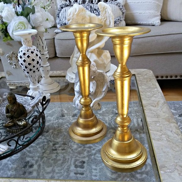 POTTERY BARN Solid GOLD Metal TALL CANDLESTICKS